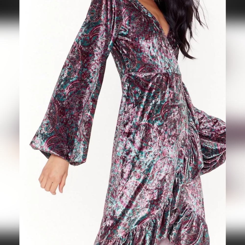 Paisley Velvet Wrap Ruffle Midi Dress - Picture 4 of 4